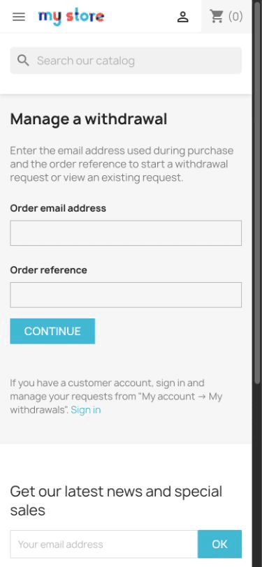 EU Withdrawal Manager guest order identification form on mobile